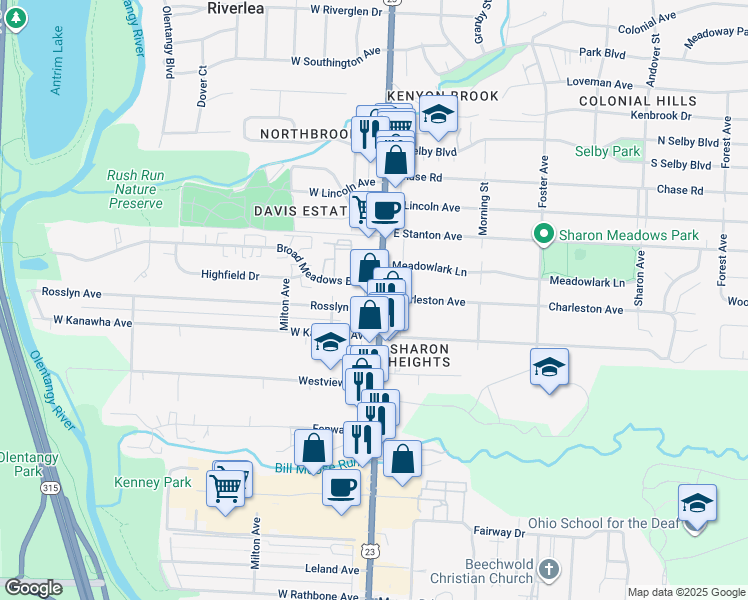 map of restaurants, bars, coffee shops, grocery stores, and more near 5381 U.S. 23 in Columbus