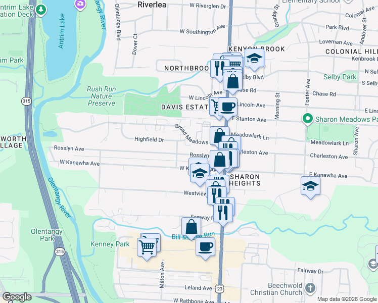 map of restaurants, bars, coffee shops, grocery stores, and more near 112 Rosslyn Avenue in Columbus