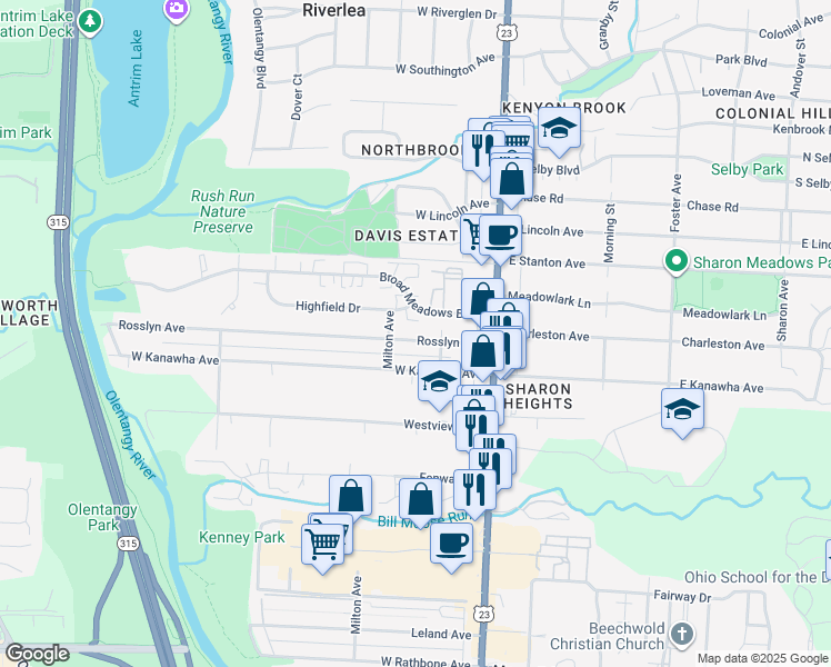 map of restaurants, bars, coffee shops, grocery stores, and more near 112 Rosslyn Avenue in Columbus