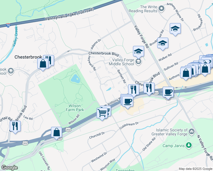 map of restaurants, bars, coffee shops, grocery stores, and more near 342 New Market Court in Chesterbrook