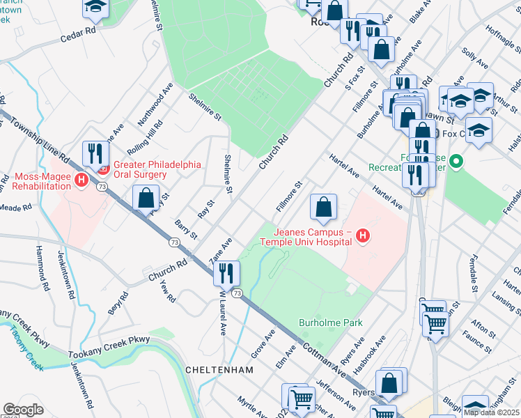 map of restaurants, bars, coffee shops, grocery stores, and more near 301 Zane Avenue in Jenkintown