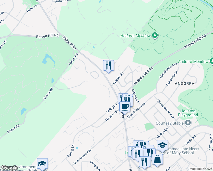 map of restaurants, bars, coffee shops, grocery stores, and more near 9127 Ayrdale Crescent in Philadelphia