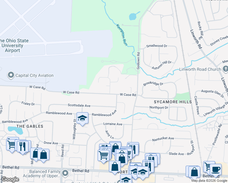 map of restaurants, bars, coffee shops, grocery stores, and more near 1530 West Case Road in Columbus