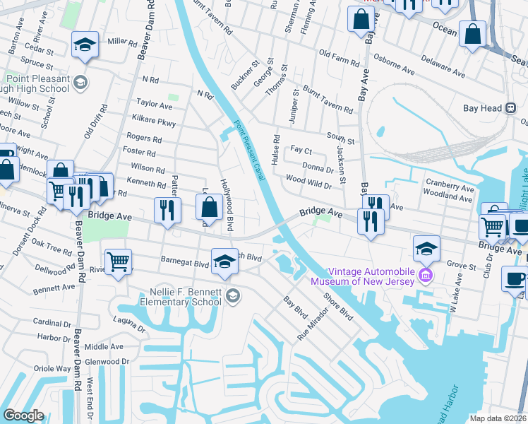 map of restaurants, bars, coffee shops, grocery stores, and more near 1132 Canal Drive in Point Pleasant