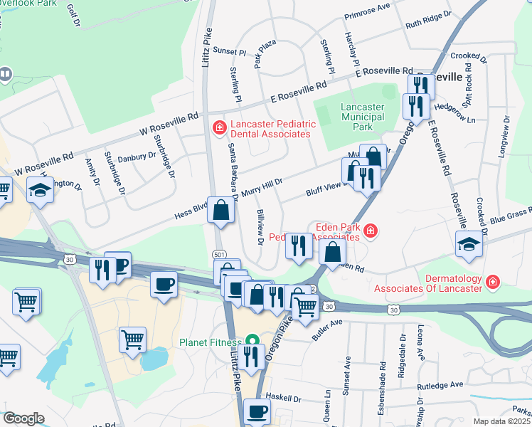 map of restaurants, bars, coffee shops, grocery stores, and more near 1735 Billview Drive in Lancaster