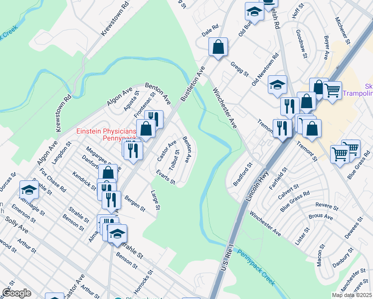 map of restaurants, bars, coffee shops, grocery stores, and more near 8576 Benton Avenue in Philadelphia