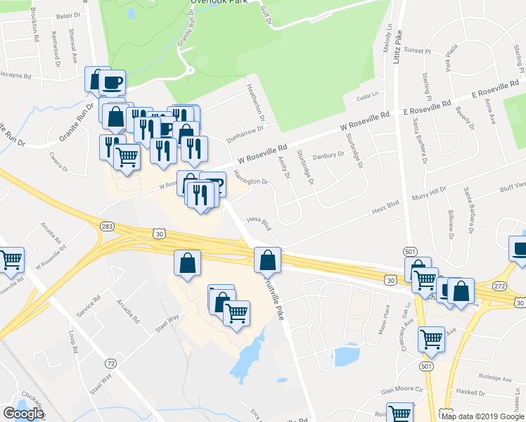 map of restaurants, bars, coffee shops, grocery stores, and more near 275 Hess Boulevard in Lancaster