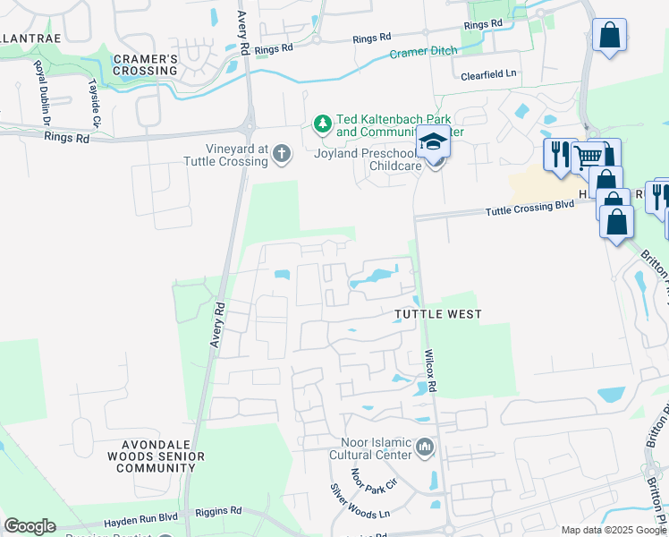 map of restaurants, bars, coffee shops, grocery stores, and more near 5341 Davenport Lane in Dublin