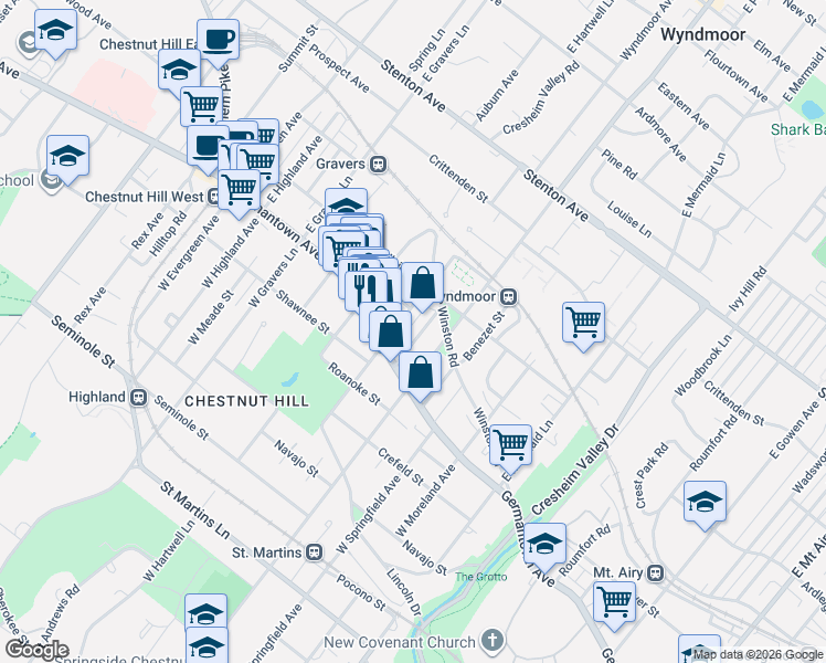 map of restaurants, bars, coffee shops, grocery stores, and more near 22 East Abington Avenue in Philadelphia