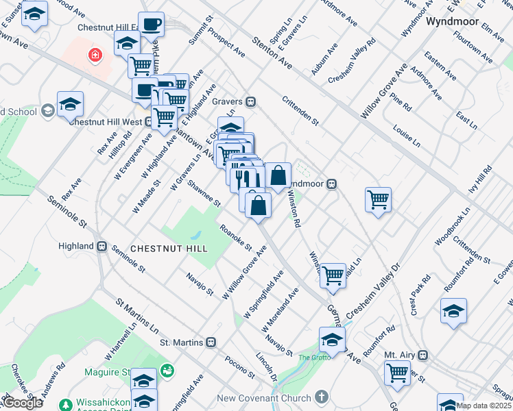 map of restaurants, bars, coffee shops, grocery stores, and more near 22 East Abington Avenue in Philadelphia