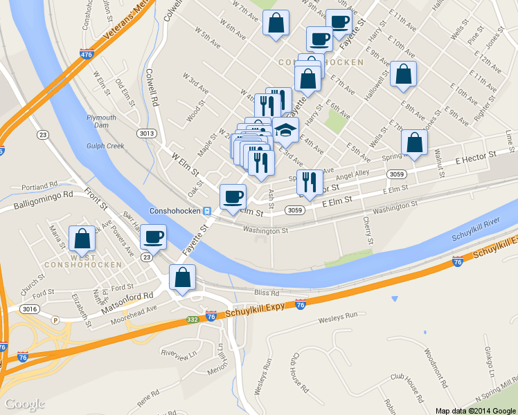map of restaurants, bars, coffee shops, grocery stores, and more near 43 Harry Street in Conshohocken