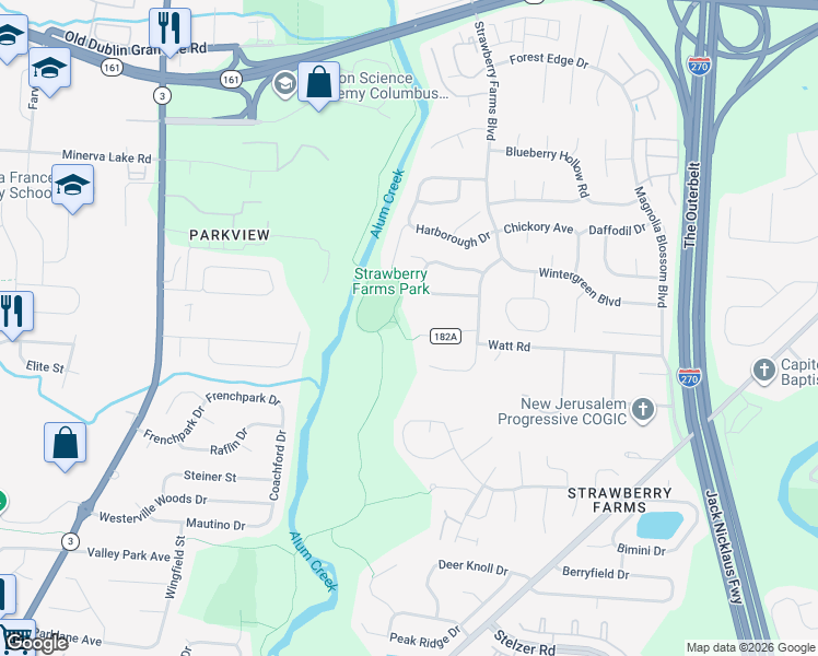 map of restaurants, bars, coffee shops, grocery stores, and more near 3596 Watt Road in Columbus