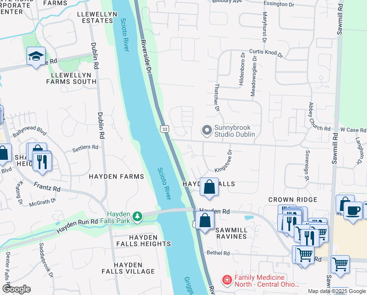map of restaurants, bars, coffee shops, grocery stores, and more near 5745 Newbank Circle in Dublin