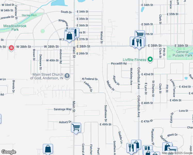 map of restaurants, bars, coffee shops, grocery stores, and more near 312 Federal Drive in Anderson