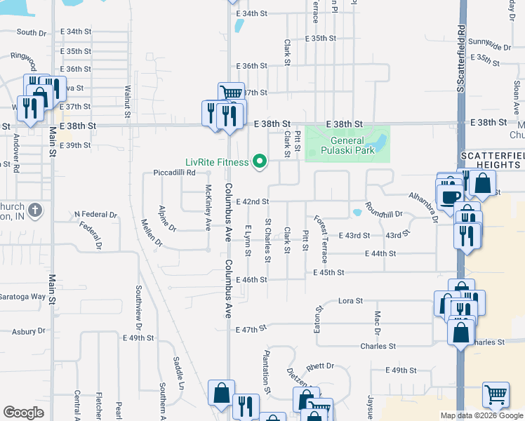 map of restaurants, bars, coffee shops, grocery stores, and more near 4215 Saint Charles Street in Anderson