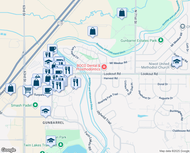 map of restaurants, bars, coffee shops, grocery stores, and more near 6809 Harvest Road in Boulder