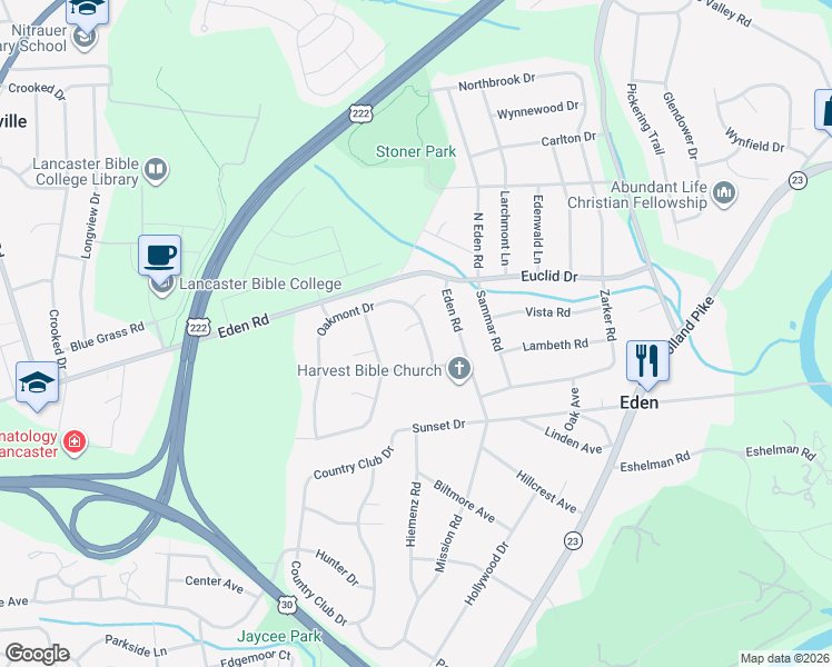 map of restaurants, bars, coffee shops, grocery stores, and more near 1182 Oakmont Dr in Lancaster