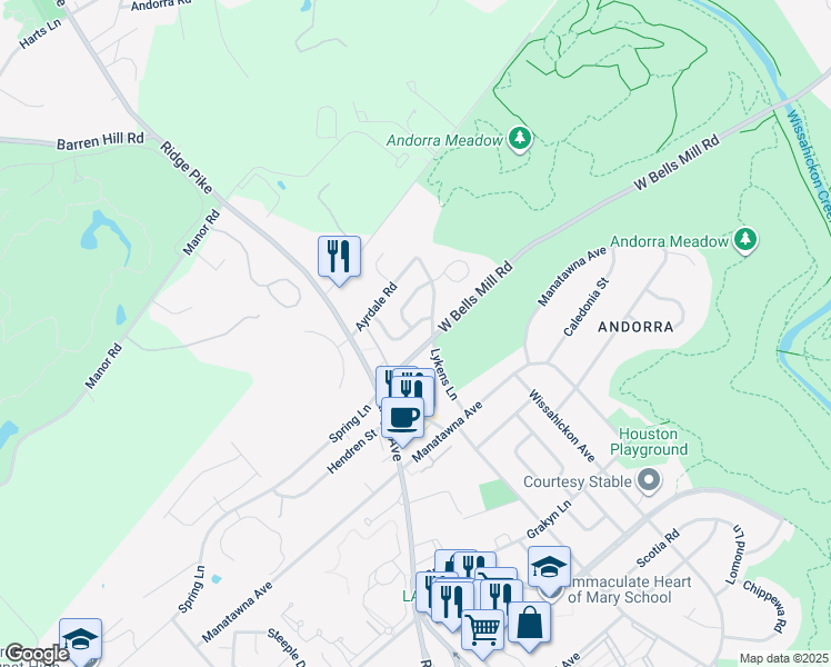 map of restaurants, bars, coffee shops, grocery stores, and more near 847 Green Valley Drive in Philadelphia