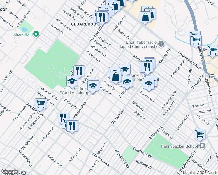 map of restaurants, bars, coffee shops, grocery stores, and more near 8112 Gilbert Street in Philadelphia