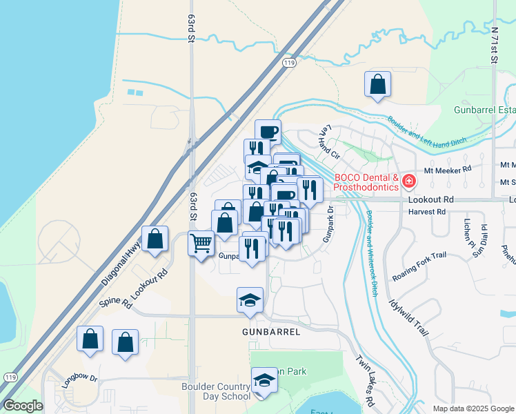 map of restaurants, bars, coffee shops, grocery stores, and more near 6464 Lookout Road in Boulder