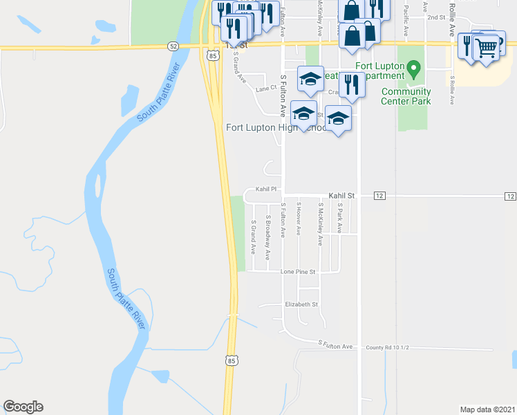 map of restaurants, bars, coffee shops, grocery stores, and more near 610 South Grand Avenue in Fort Lupton