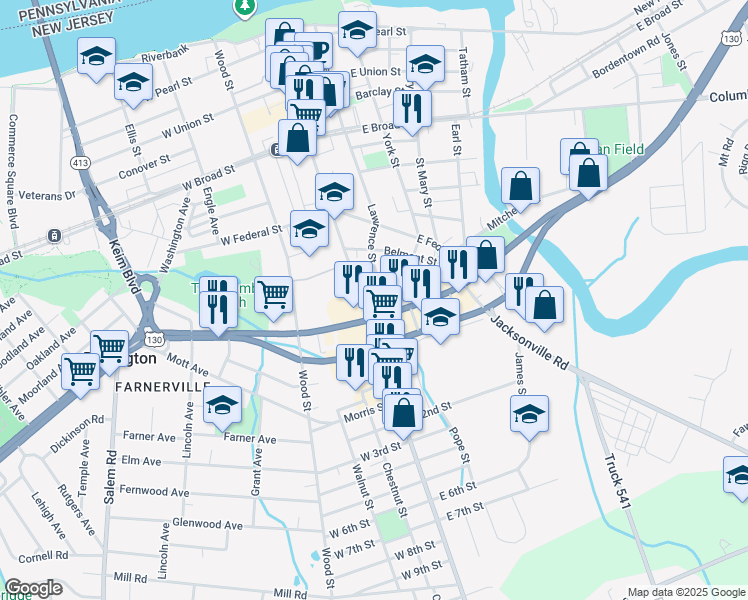 map of restaurants, bars, coffee shops, grocery stores, and more near 576 High Street in Burlington