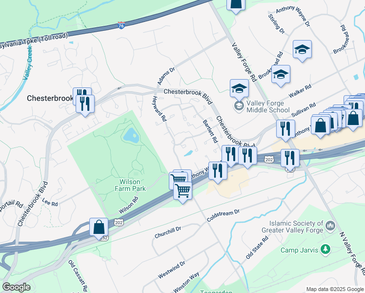 map of restaurants, bars, coffee shops, grocery stores, and more near 344 New Market Court in Chesterbrook