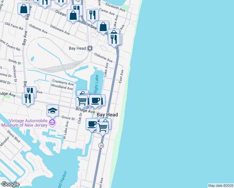 map of restaurants, bars, coffee shops, grocery stores, and more near 29 Karge Street in Bay Head