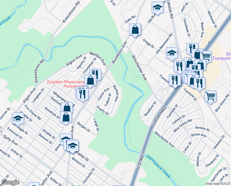 map of restaurants, bars, coffee shops, grocery stores, and more near 8576 Benton Avenue in Philadelphia