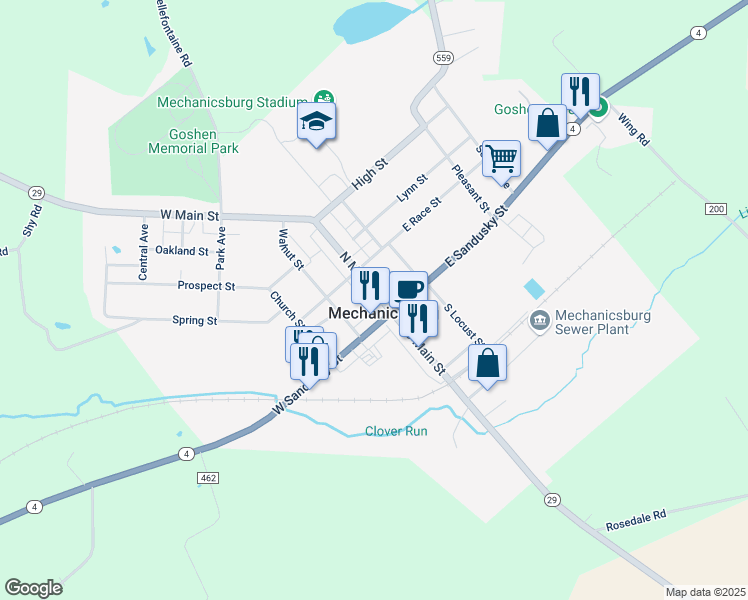 map of restaurants, bars, coffee shops, grocery stores, and more near 21 North Main Street in Mechanicsburg