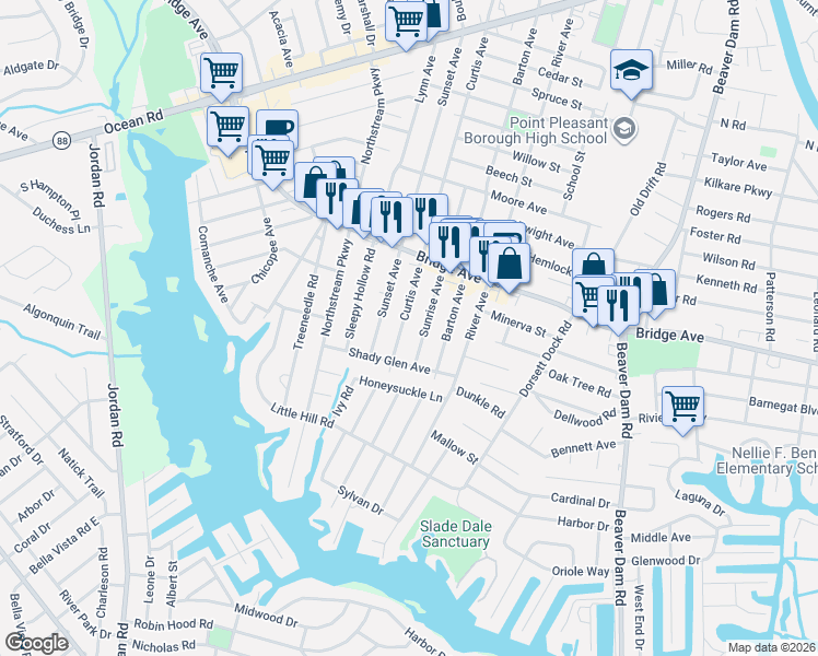 map of restaurants, bars, coffee shops, grocery stores, and more near 1324 Curtis Ave in Point Pleasant Beach