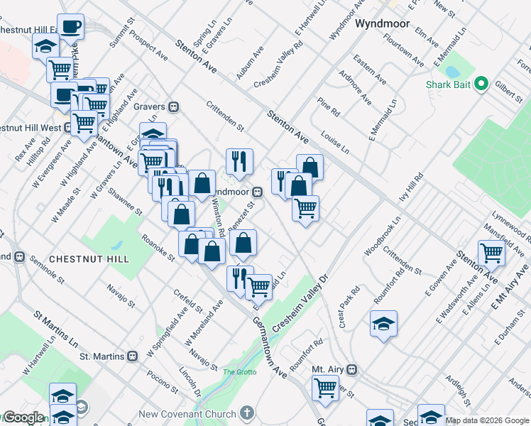 map of restaurants, bars, coffee shops, grocery stores, and more near 240 Springfield Avenue in Philadelphia