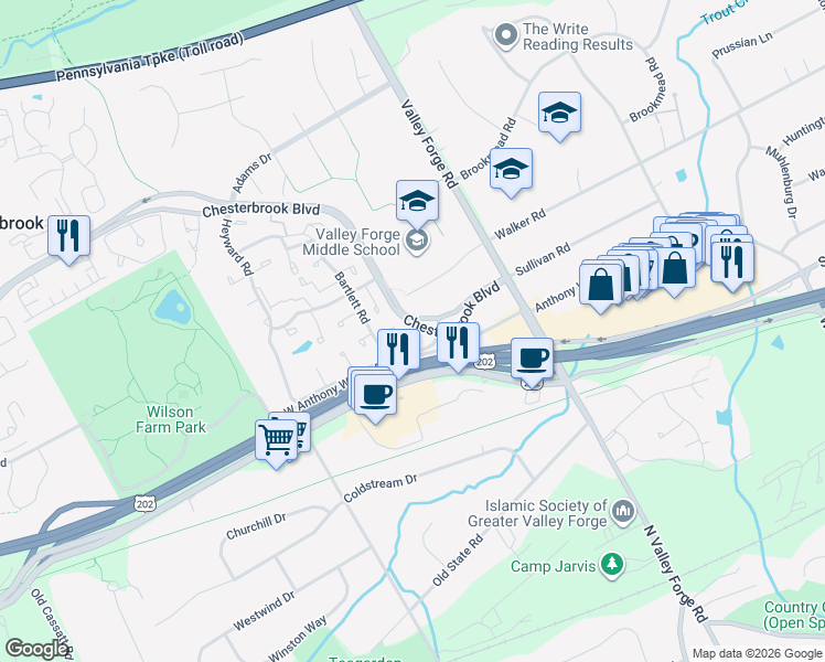map of restaurants, bars, coffee shops, grocery stores, and more near 106 Bernard Court in Chesterbrook