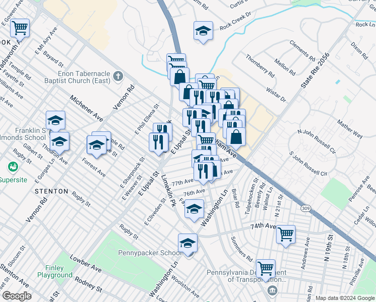 map of restaurants, bars, coffee shops, grocery stores, and more near 2429 79th Avenue in Philadelphia