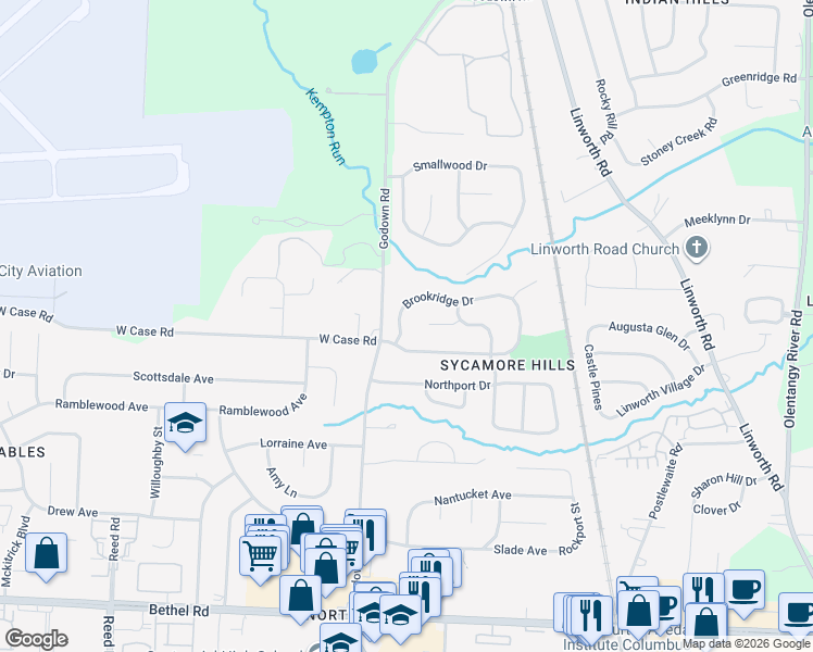 map of restaurants, bars, coffee shops, grocery stores, and more near 1347 Brookridge Drive in Columbus