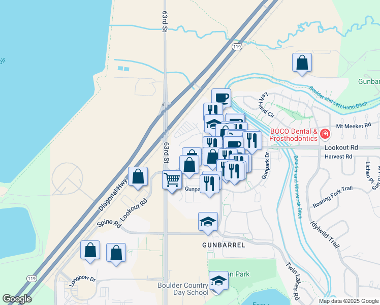 map of restaurants, bars, coffee shops, grocery stores, and more near 6395 Lookout Road in Boulder