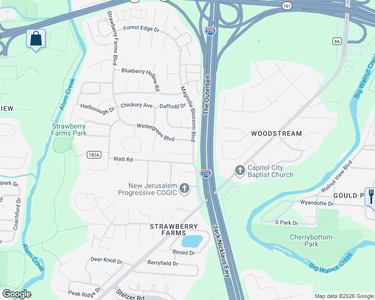 map of restaurants, bars, coffee shops, grocery stores, and more near 4164 Spring Flower Court in Gahanna