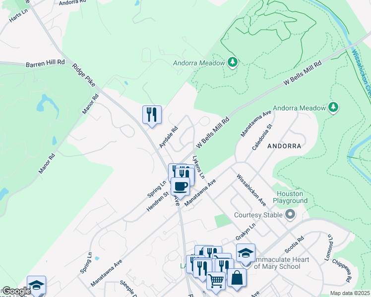 map of restaurants, bars, coffee shops, grocery stores, and more near 847 Green Valley Drive in Philadelphia