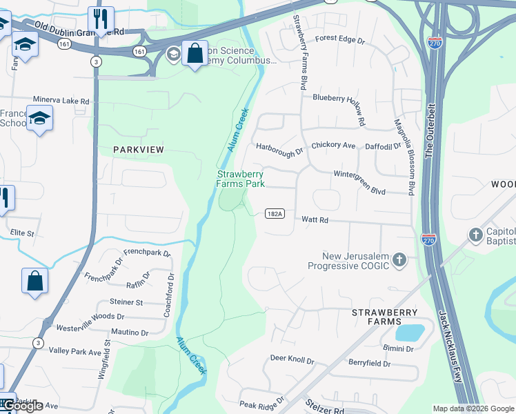 map of restaurants, bars, coffee shops, grocery stores, and more near 3596 Watt Road in Columbus