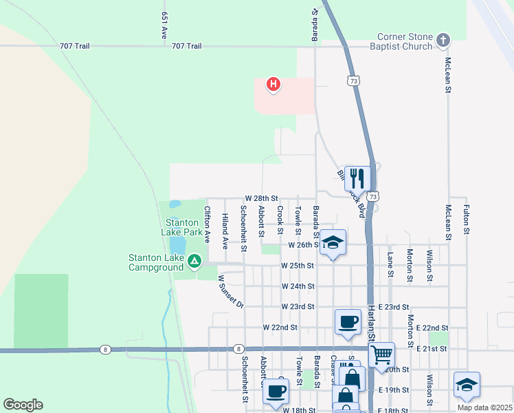 map of restaurants, bars, coffee shops, grocery stores, and more near 2718 Abbott Street in Falls City