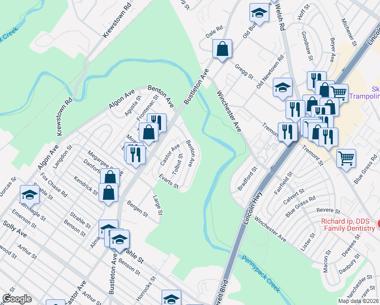 map of restaurants, bars, coffee shops, grocery stores, and more near 8578 Benton Avenue in Philadelphia