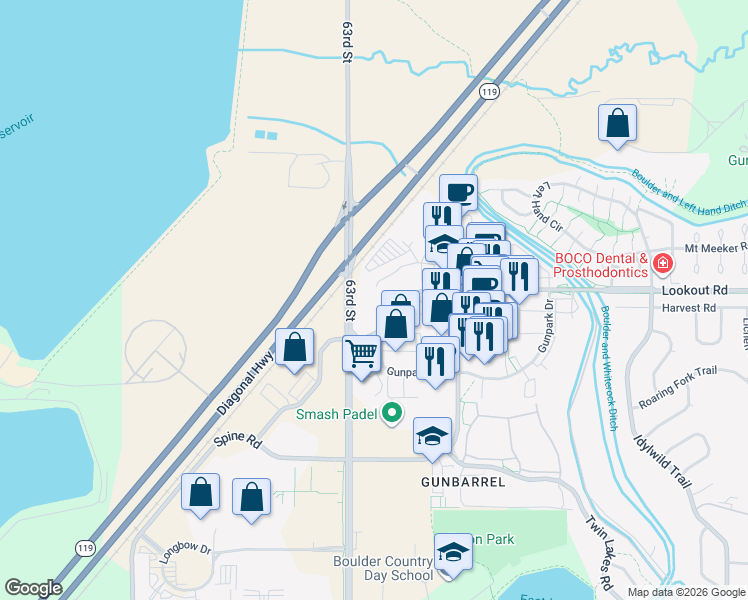 map of restaurants, bars, coffee shops, grocery stores, and more near 6333 Lookout Road in Boulder