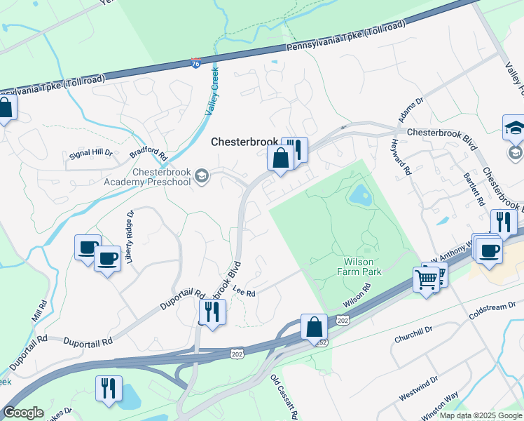 map of restaurants, bars, coffee shops, grocery stores, and more near 307 Cheswold Court in Chesterbrook