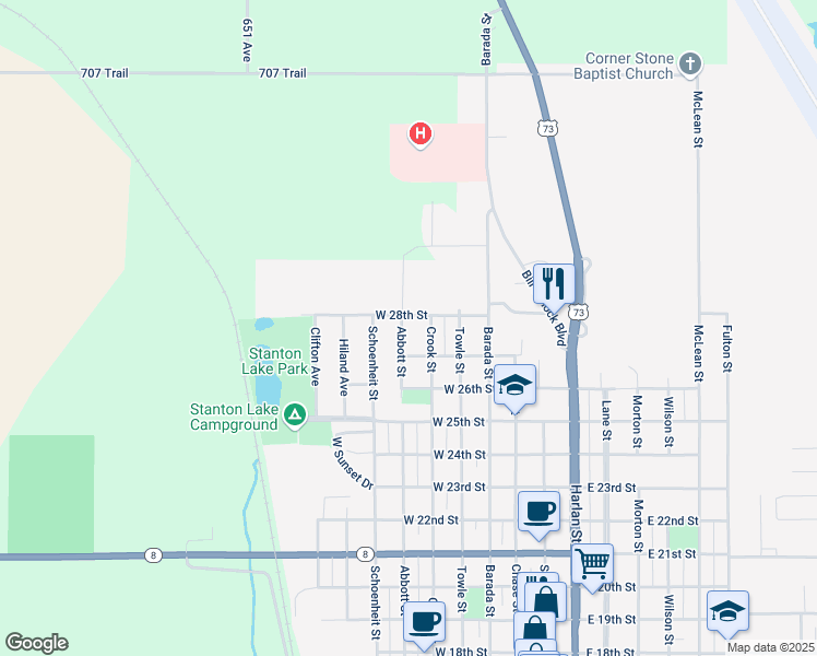 map of restaurants, bars, coffee shops, grocery stores, and more near 2718 Abbott Street in Falls City