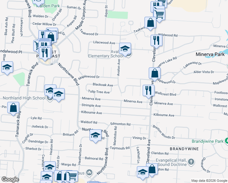 map of restaurants, bars, coffee shops, grocery stores, and more near 5052 Palmwood Street in Columbus