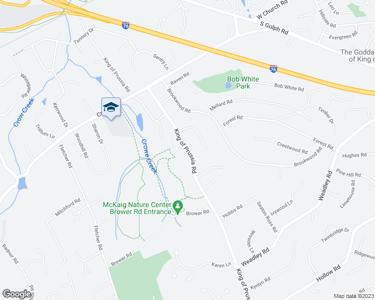 map of restaurants, bars, coffee shops, grocery stores, and more near 523 King of Prussia Road in Wayne
