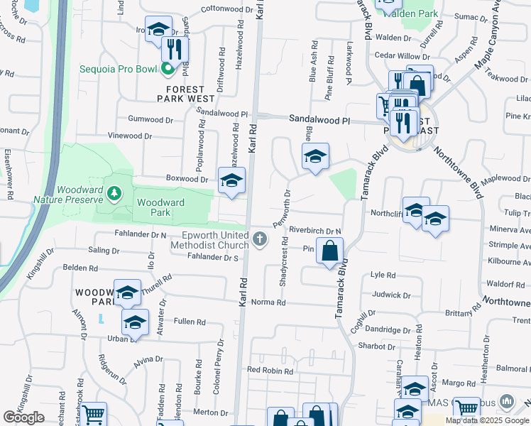 map of restaurants, bars, coffee shops, grocery stores, and more near 1603 Sugarmaple Court in Columbus