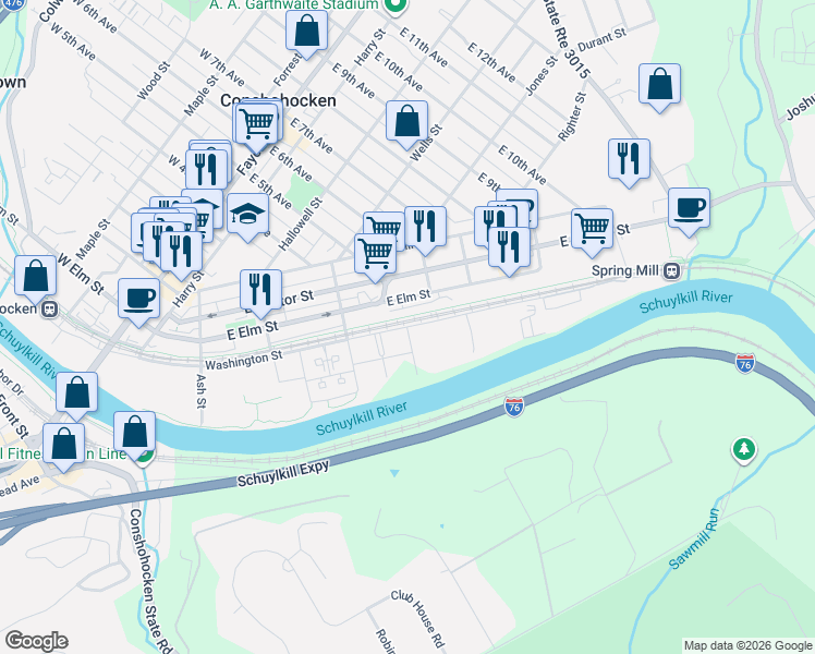 map of restaurants, bars, coffee shops, grocery stores, and more near 433 Washington Street in Conshohocken