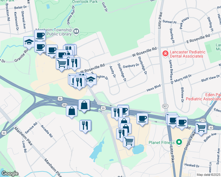 map of restaurants, bars, coffee shops, grocery stores, and more near 108 Overlook Avenue in Lancaster
