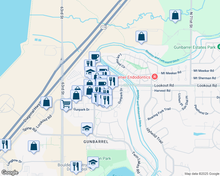 map of restaurants, bars, coffee shops, grocery stores, and more near 6580 Lookout Road in Boulder